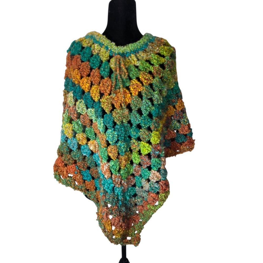 Handmade Multicolor Crochet Poncho Sweater Boho Grannycore Cottagecore